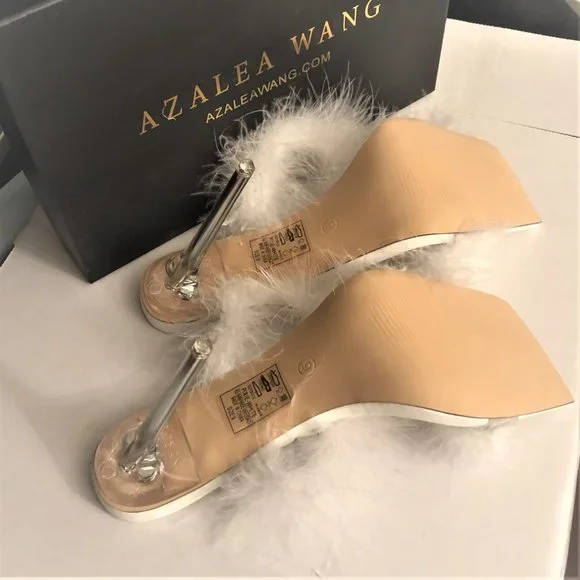 AZALEA WANG White Fluffy Slip-on Open Toe Clear Stiletto Heels NEW in Box Size 9 - Picture 5 of 8